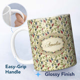 Personalized Custom Name Red and Blue Grapes with Green Vine Leaves Seamless Pattern Lovely 11oz Ceramic Coffee Tea Mug White Large Handle