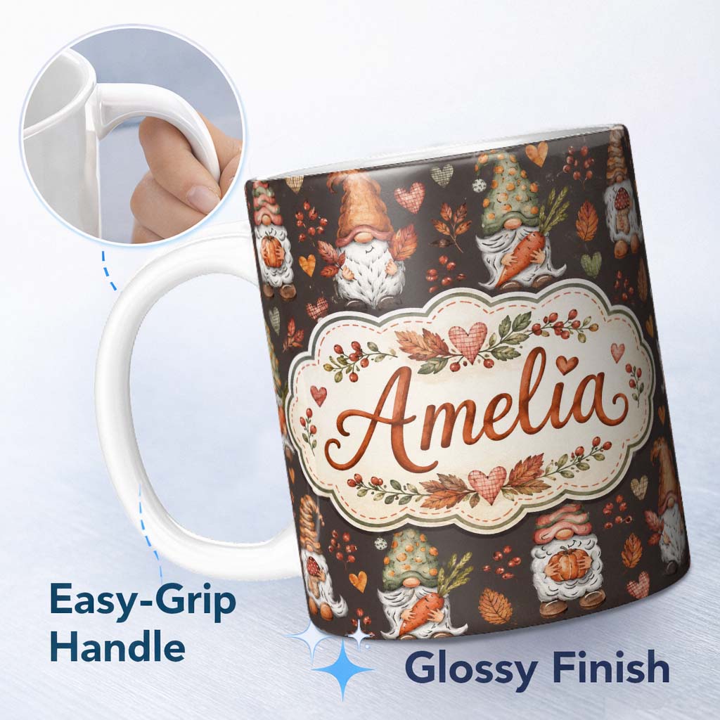 Personalized Custom Name Autumn Gnomes Leaves Hearts Cozy Fall Watercolor Seamless Pattern 11oz Ceramic Coffee Tea Mug White Large Handle