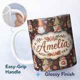 Personalized Custom Name Autumn Gnomes Leaves Hearts Cozy Fall Watercolor Seamless Pattern 11oz Ceramic Coffee Tea Mug White Large Handle