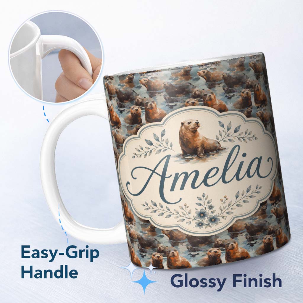 Personalized Custom Name Cute Cartoon Seal Shapes in Blue Minimal Modern Seamless Pattern 11oz Ceramic Coffee Tea Mug White Large Handle