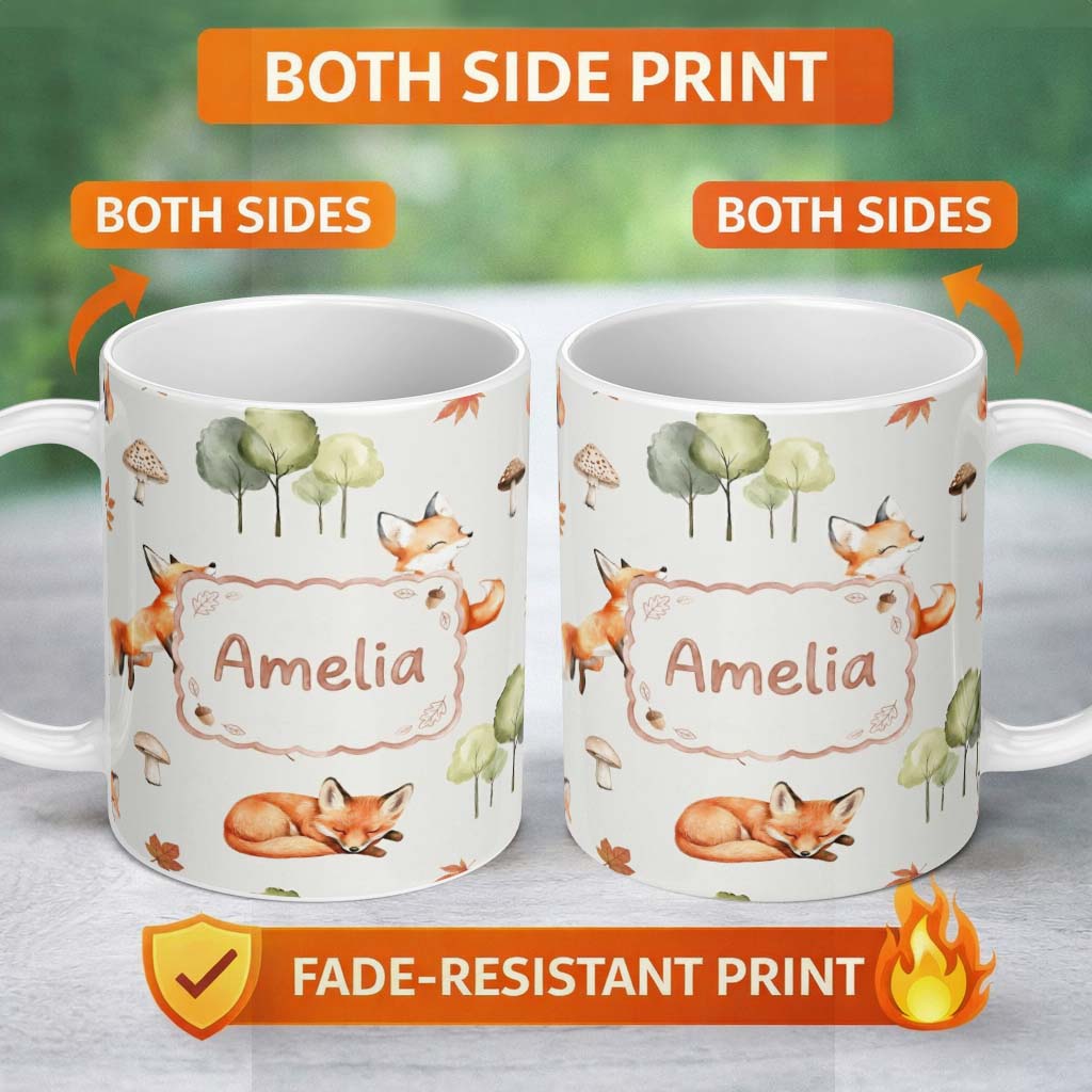 Personalized Custom Name Woodland Fox with Trees Leaves Mushrooms Soft Grey Seamless Pattern 11oz Ceramic Coffee Tea Mug White Large Handle