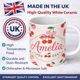 Personalized Custom Name Cute Cherry Fruit with Bow and Sprinkles Seamless Pattern Soft Beige 11oz Ceramic Coffee Tea Mug White Large Handle