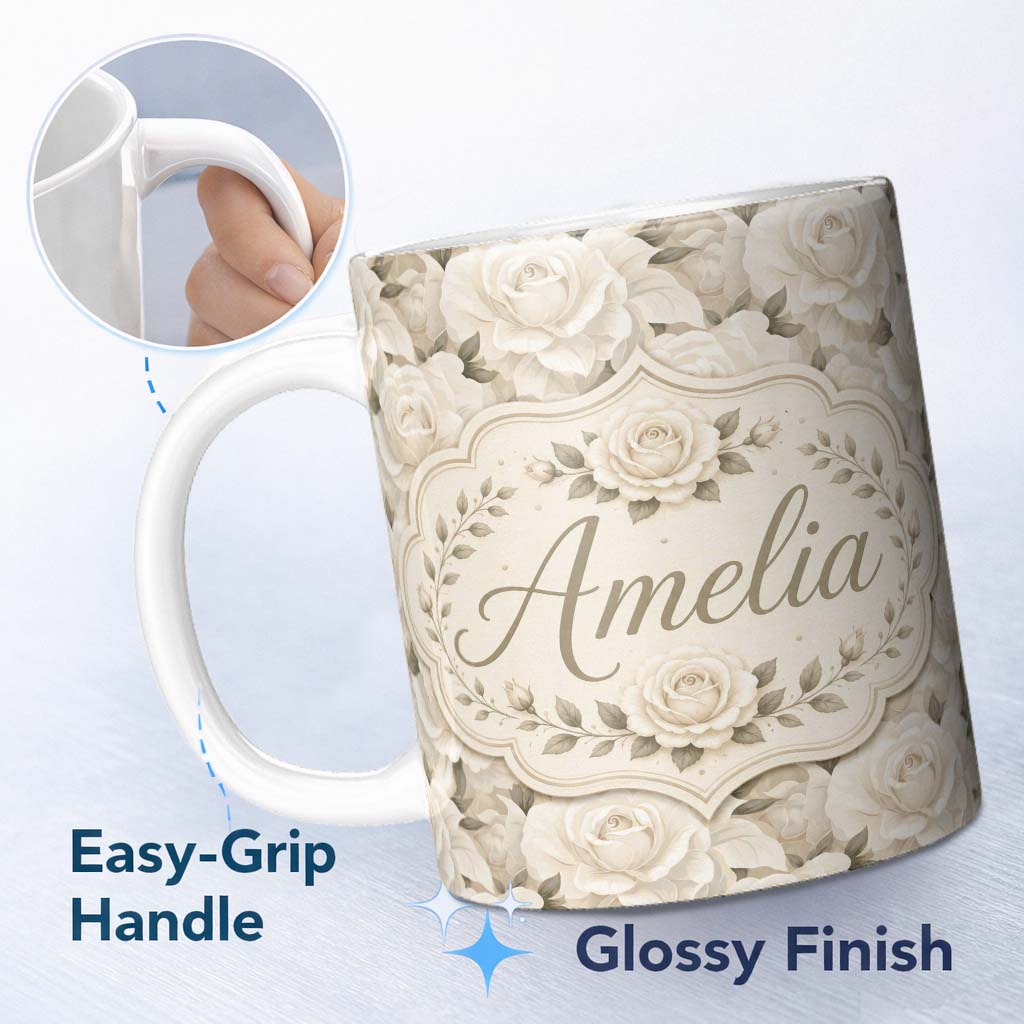 Personalized Custom Name Vintage Cream Rose Floral Seamless Pattern Thoughtful Gift Idea 11oz Ceramic Coffee Tea Mug White Large Handle