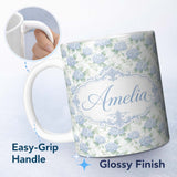 Personalized Custom Name Soft Blue Hydrangea Botanical Seamless Pattern Perfect Gift for Her 11oz Ceramic Coffee Tea Mug White Large Handle