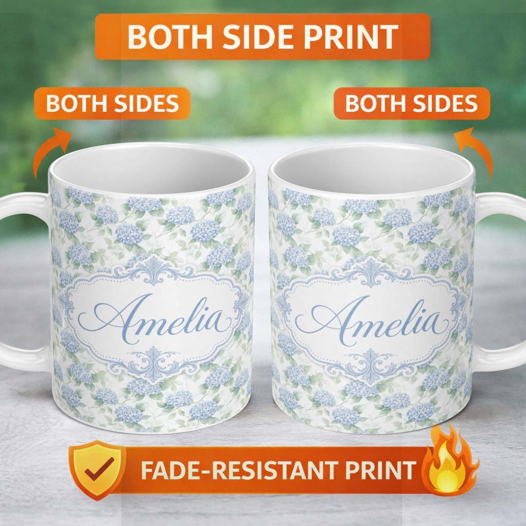 Personalized Custom Name Soft Blue Hydrangea Botanical Seamless Pattern Perfect Gift for Her 11oz Ceramic Coffee Tea Mug White Large Handle