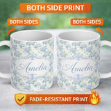 Personalized Custom Name Soft Blue Hydrangea Botanical Seamless Pattern Perfect Gift for Her 11oz Ceramic Coffee Tea Mug White Large Handle