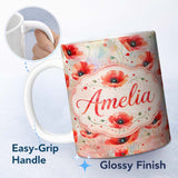 Personalized Custom Name Watercolor Red Poppy Flowers Soft Artistic Seamless Pattern Lovely 11oz Ceramic Coffee Tea Mug White Large Handle