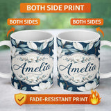 Personalized Custom Name Magnolia Flowers with Blue Leaves on Dark Background Seamless Lovely 11oz Ceramic Coffee Tea Mug White Large Handle