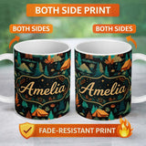 Personalized Custom Name Stylized Forest Trees Nature Seamless Pattern Beautiful Coffee Cup 11oz Ceramic Coffee Tea Mug White Large Handle