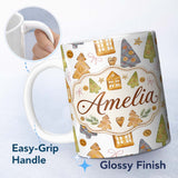 Personalized Custom Name Rustic Christmas Cookies Trees Houses Buttons Seamless Pattern 11oz Ceramic Coffee Tea Mug White Large Handle