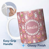 Personalized Custom Name Cute Kawaii Bunny Donuts Strawberry Dessert Seamless Pattern Pink 11oz Ceramic Coffee Tea Mug White Large Handle