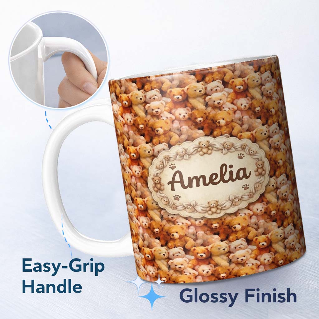 Personalized Custom Name Soft Watercolor Teddy Bear Cluster Seamless Pattern Cute Unique Gift 11oz Ceramic Coffee Tea Mug White Large Handle