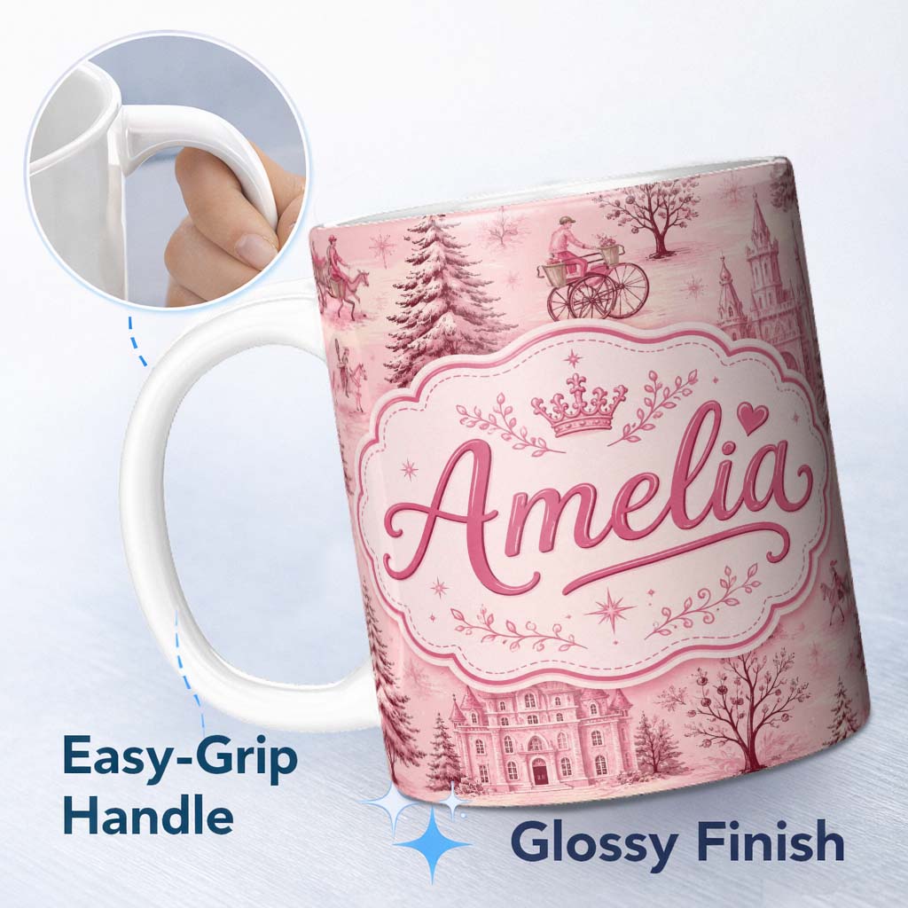 Personalized Custom Name Vintage Pink Winter Village Scenic Seamless Pattern Cute Unique Gift 11oz Ceramic Coffee Tea Mug White Large Handle