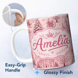 Personalized Custom Name Vintage Pink Winter Village Scenic Seamless Pattern Cute Unique Gift 11oz Ceramic Coffee Tea Mug White Large Handle