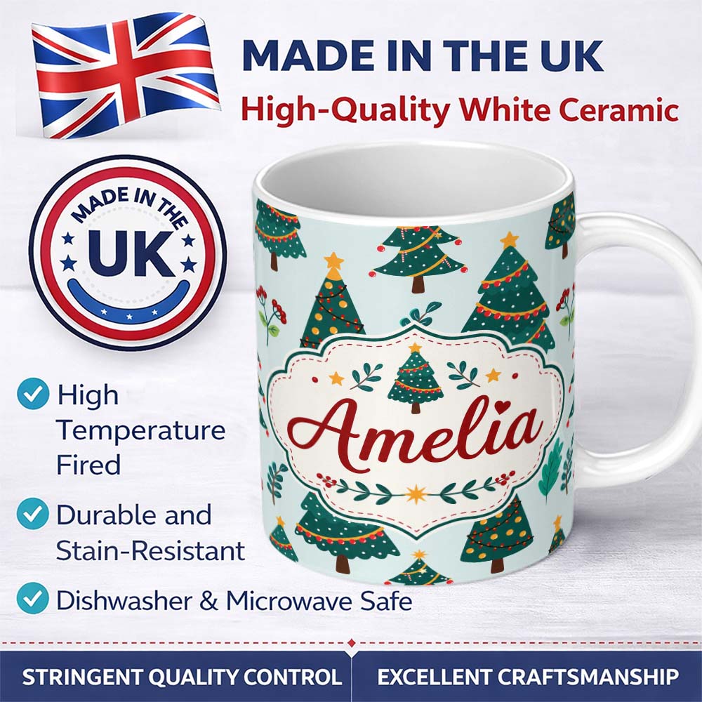 Personalized Custom Name Decorated Christmas Trees Berries Winter Foliage Seamless Pattern 11oz Ceramic Coffee Tea Mug White Large Handle