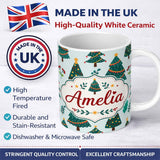 Personalized Custom Name Decorated Christmas Trees Berries Winter Foliage Seamless Pattern 11oz Ceramic Coffee Tea Mug White Large Handle