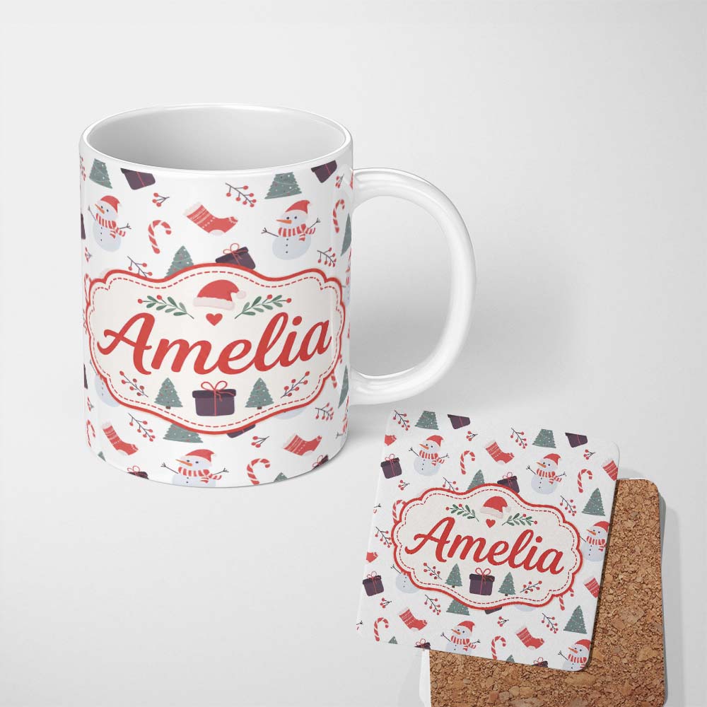Personalized Custom Name Cute Snowman Christmas Tree Candy Cane Seamless Pattern Lovely 11oz Ceramic Coffee Tea Mug White Large Handle