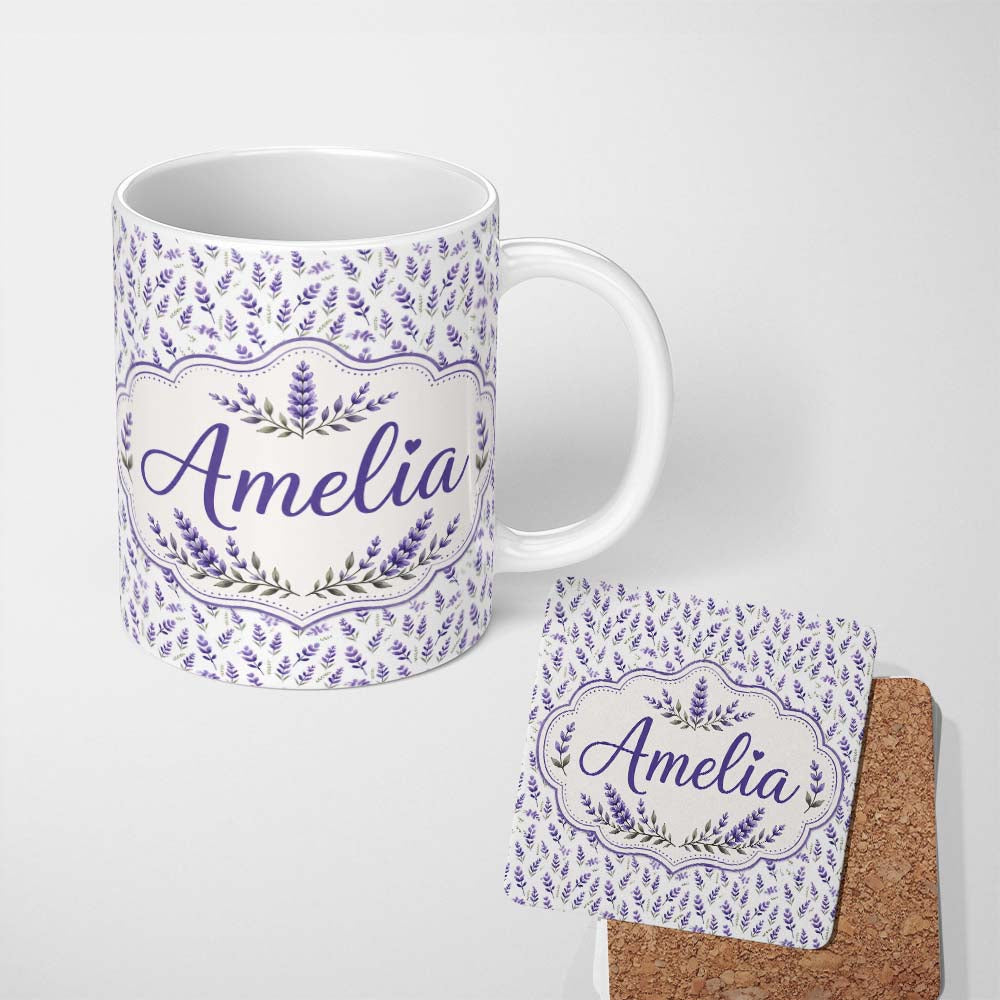 Personalized Custom Name Subtle Lavender Botanical Scatter Pattern in Gentle Pastel Shades 11oz Ceramic Coffee Tea Mug White Large Handle