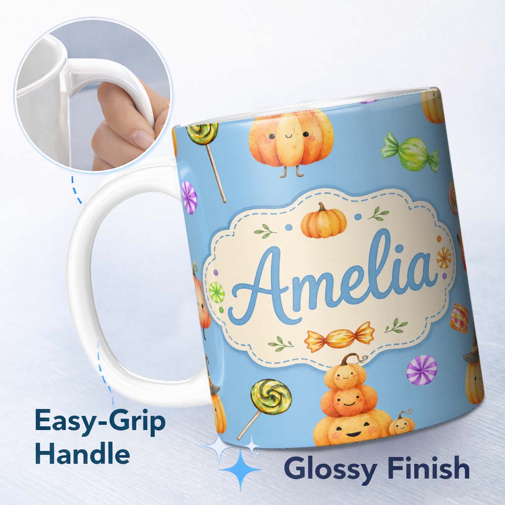 Personalized Custom Name Cute Halloween Pumpkin Candy Characters Blue Background Seamless 11oz Ceramic Coffee Tea Mug White Large Handle