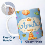 Personalized Custom Name Cute Halloween Pumpkin Candy Characters Blue Background Seamless 11oz Ceramic Coffee Tea Mug White Large Handle