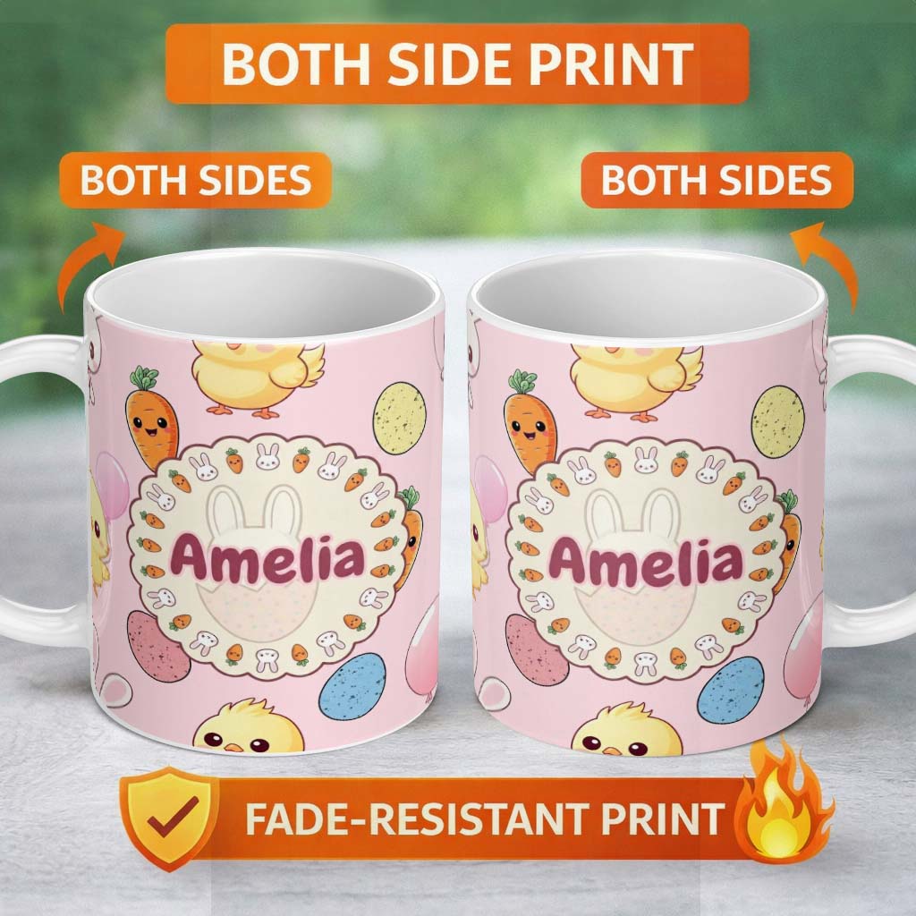 Personalized Custom Name Cute Easter Bunny Chick Eggs Carrot Cute Seamless Pattern Blush 11oz Ceramic Coffee Tea Mug White Large Handle