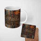 Personalized Custom Name Burnt Metal Rust Texture Seamless Pattern Dark Abstract Grunge Style 11oz Ceramic Coffee Tea Mug White Large Handle