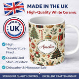 Personalized Custom Name Festive Christmas Ornament Candy Cane Tree Holiday Seamless Pattern 11oz Ceramic Coffee Tea Mug White Large Handle