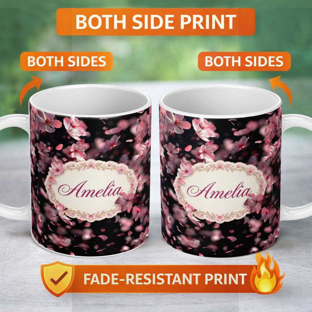 Personalized Custom Name Delicate Sakura Blossoms on Dark Background Pattern Elegant Japanese 11oz Ceramic Coffee Tea Mug White Large Handle