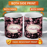 Personalized Custom Name Delicate Sakura Blossoms on Dark Background Pattern Elegant Japanese 11oz Ceramic Coffee Tea Mug White Large Handle
