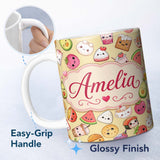 Personalized Custom Name Cute Kawaii Food Characters Seamless Pattern Yellow Background Fun 11oz Ceramic Coffee Tea Mug White Large Handle