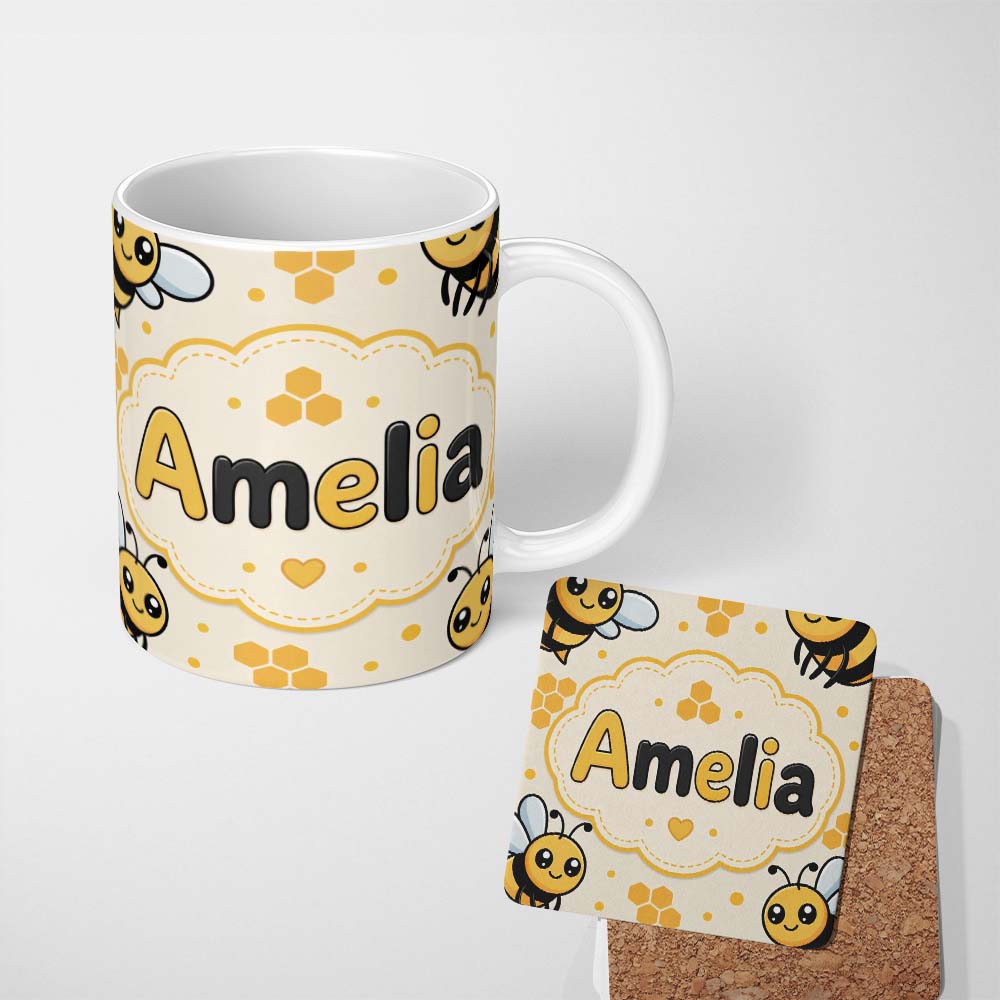 Personalized Custom Name Cute Kawaii Bees Honeycomb Sweet Nature Seamless Pattern Lovely 11oz Ceramic Coffee Tea Mug White Large Handle