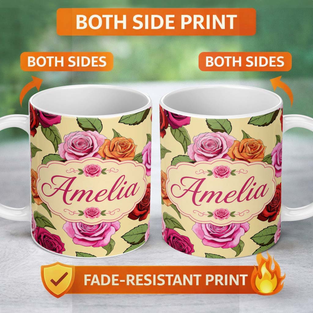 Personalized Custom Name Colorful Roses on Warm Beige Background Seamless Floral Pattern 11oz Ceramic Coffee Tea Mug White Large Handle