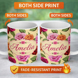 Personalized Custom Name Colorful Roses on Warm Beige Background Seamless Floral Pattern 11oz Ceramic Coffee Tea Mug White Large Handle