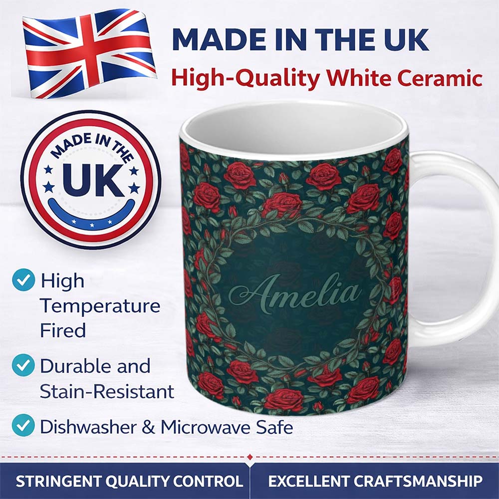 Personalized Custom Name Elegant Red Rose Seamless Floral Pattern on Dark Teal Background 11oz Ceramic Coffee Tea Mug White Large Handle