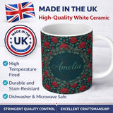 Personalized Custom Name Elegant Red Rose Seamless Floral Pattern on Dark Teal Background 11oz Ceramic Coffee Tea Mug White Large Handle
