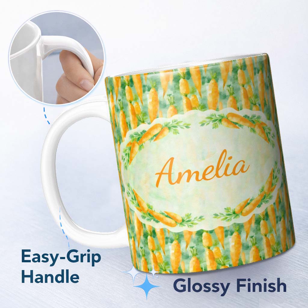 Personalized Custom Name Watercolor Carrot Brushstroke Texture Seamless Pattern Fresh Green 11oz Ceramic Coffee Tea Mug White Large Handle