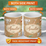 Personalized Custom Name Safari Animals with Elephant Lion and Crocodile on Warm Tan Lovely 11oz Ceramic Coffee Tea Mug White Large Handle