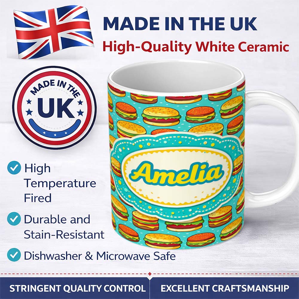 Personalized Custom Name Cute Burger Cartoon Seamless Pattern Blue Background Food Design 11oz Ceramic Coffee Tea Mug White Large Handle