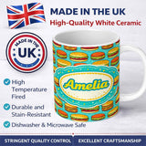 Personalized Custom Name Cute Burger Cartoon Seamless Pattern Blue Background Food Design 11oz Ceramic Coffee Tea Mug White Large Handle