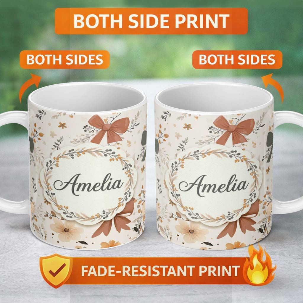 Personalized Custom Name Neutral Beige Bows with Soft Floral Botanical Design Seamless Lovely 11oz Ceramic Coffee Tea Mug White Large Handle