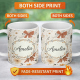 Personalized Custom Name Neutral Beige Bows with Soft Floral Botanical Design Seamless Lovely 11oz Ceramic Coffee Tea Mug White Large Handle