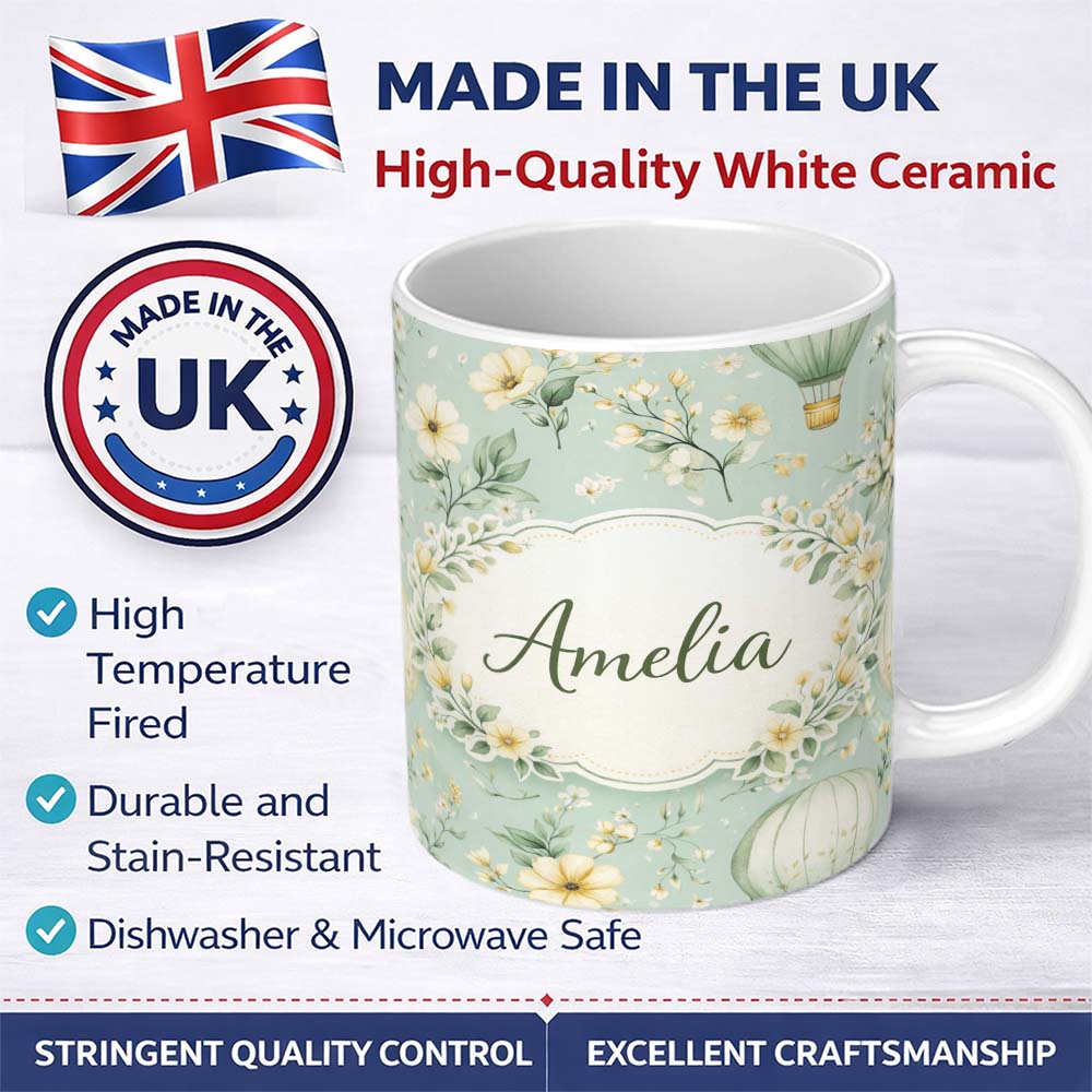 Personalized Custom Name Hot Air Balloon Floral Pattern Green Background Seamless Lovely 11oz Ceramic Coffee Tea Mug White Large Handle