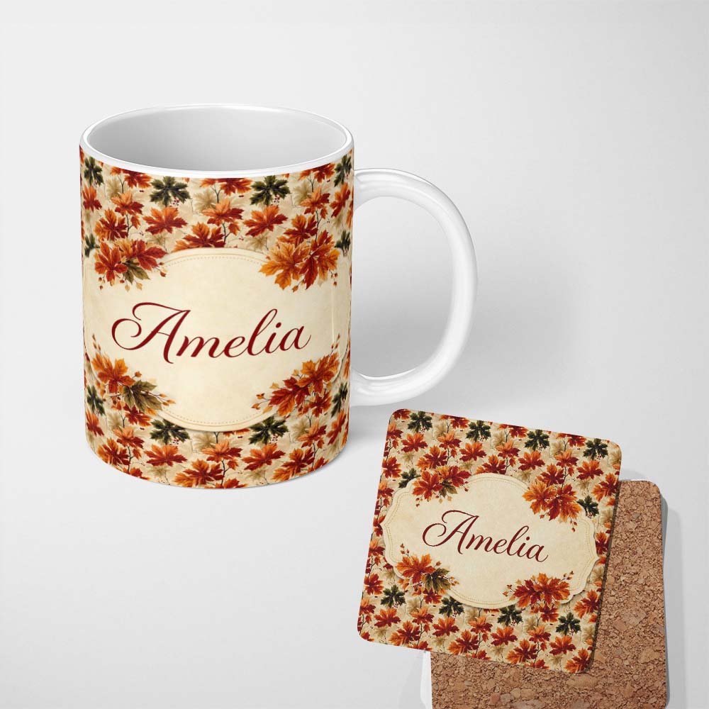 Personalized Custom Name Vintage Fleur de Lis Pattern in Soft Sage Green and Warm Beige 11oz Ceramic Coffee Tea Mug White Large Handle