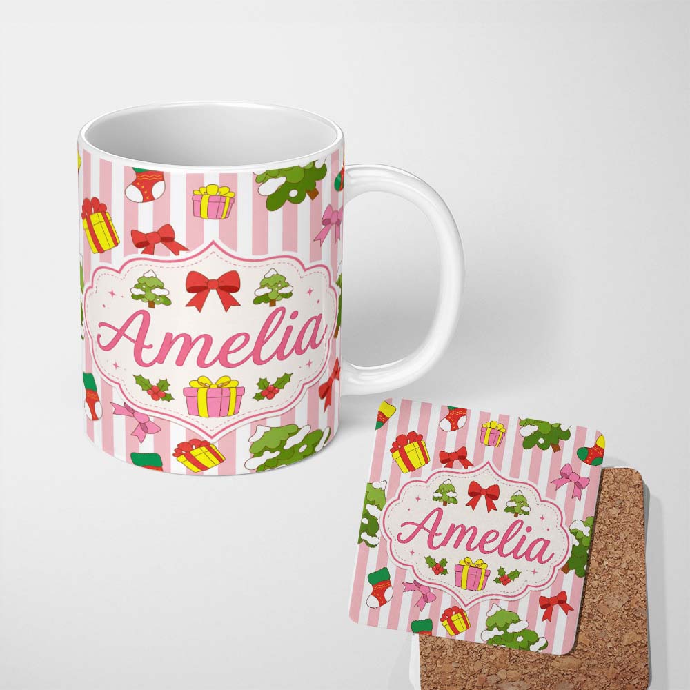 Personalized Custom Name Cute Christmas Tree Gift Bow Striped Background Seamless Pattern 11oz Ceramic Coffee Tea Mug White Large Handle