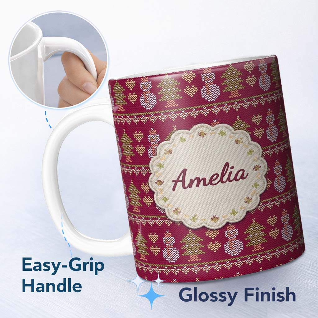 Personalized Custom Name Cute Snowman Christmas Tree Knit Pattern Burgundy Green White Lovely 11oz Ceramic Coffee Tea Mug White Large Handle
