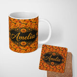 Personalized Custom Name Dense Chrysanthemum Floral Pattern in Orange and Cream on Black 11oz Ceramic Coffee Tea Mug White Large Handle