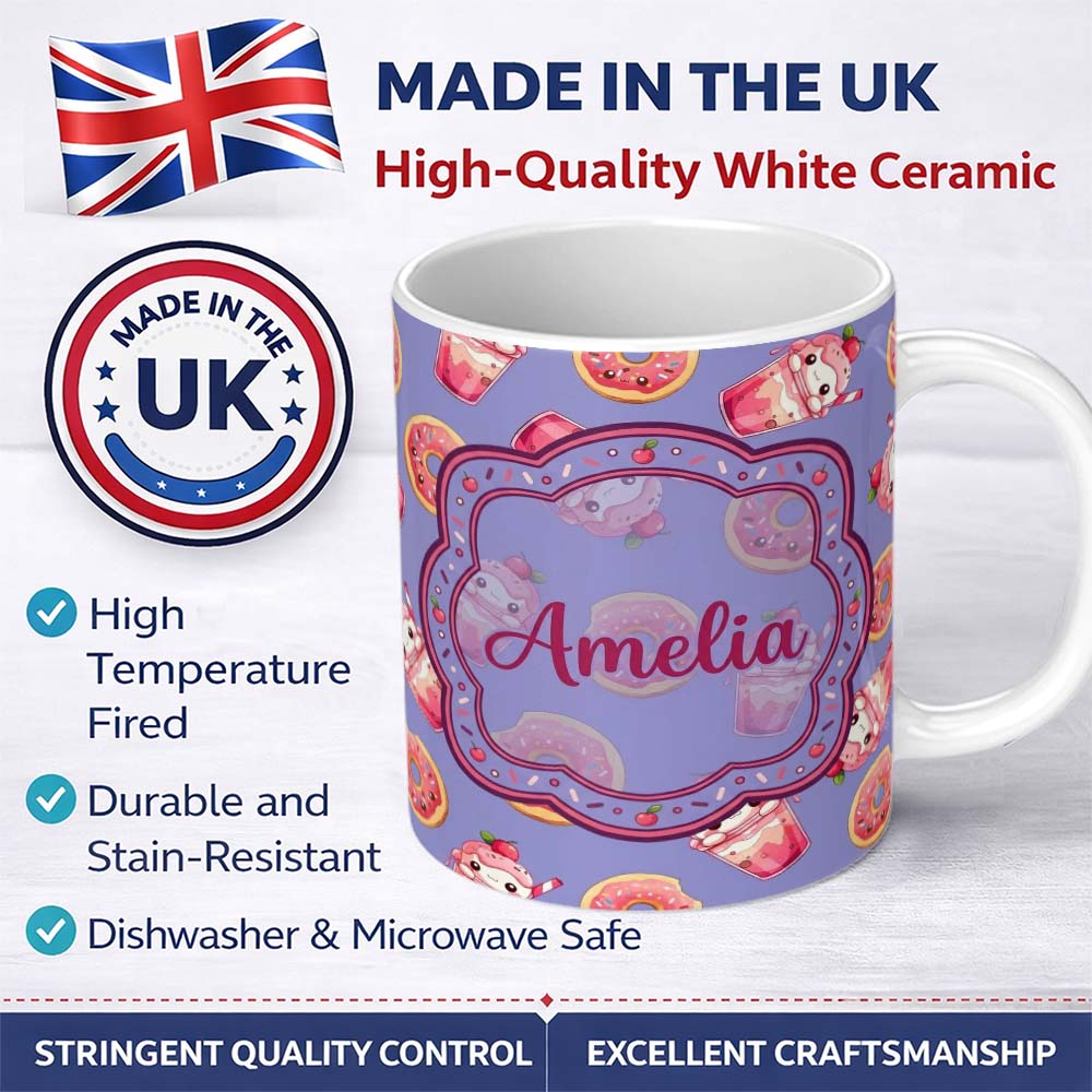 Personalized Custom Name Cute Kawaii Donuts and Strawberry Milkshake Blue Background 11oz Ceramic Coffee Tea Mug White Large Handle