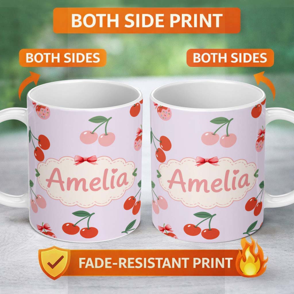 Personalized Custom Name Cherry Fruit Muted Sage Background Minimal Seamless Pattern Lovely 11oz Ceramic Coffee Tea Mug White Large Handle
