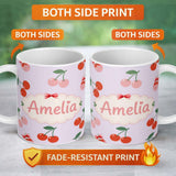 Personalized Custom Name Cherry Fruit Muted Sage Background Minimal Seamless Pattern Lovely 11oz Ceramic Coffee Tea Mug White Large Handle