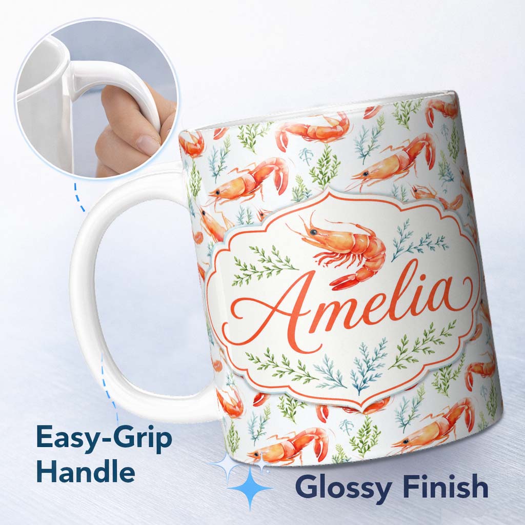 Personalized Custom Name Watercolour Prawn and Seaweed Coastal Seamless Pattern Lovely 11oz Ceramic Coffee Tea Mug White Large Handle